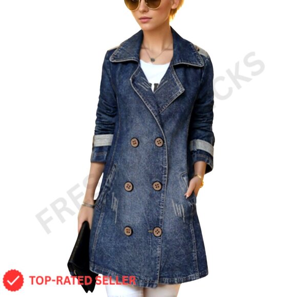 Women's Mid Long Denim Trench Coat Slim Double Breasted Ripped Jean Jacket